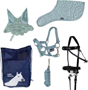 Набір аксесуарів для хобі-коня RL24 (6 предметів): вуздечка зі шнуром, ковдра та накидка від мух світло-бежевого кольору, вуздечка чорного кольору, багатокольоровий транспортний мішок для коня на палиці, аксесуари для коня на палиці (набір світло-зелений)