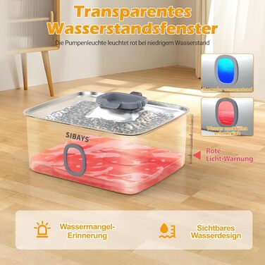 Фонтанчик для котів та собак 15L: великий, з нержавіючої сталі, з LED та вікном, для великих собак та кількох тварин