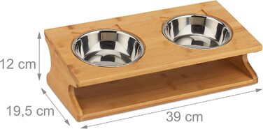 Підставка для корму Relaxdays для котів та маленьких собак, 2 миски по 300 мл, піднята, бамбук та нержавіюча сталь, 12x39x19,5 см, натуральний колір/срібло