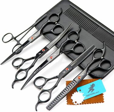 Набір професійних ножиць для грумінгу тварин - прецизійний зріз, ножиці для розрідження та прямі/вигнуті ножиці для собак та котів - 6 предметів (Schwarz)