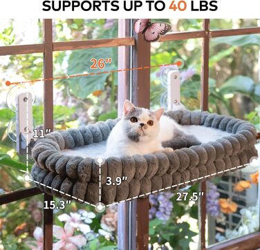 Кішка ліжко-гамак для вікна CheerPals, знімний двосторонній чохол, міцна сталева рама, до 18 кг, білий/сірий L