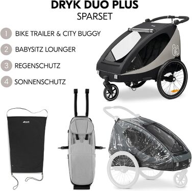 Фарм-причіп Hauck Dryk Duo Plus Set для 2 дітей з люлькою, тентом та дощем. Складається, з підвіскою та функцією коляски (Чорний)