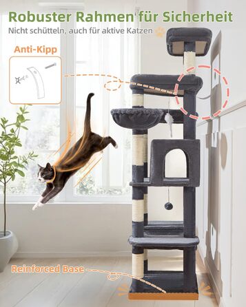 Комплекс для котів Taoqimiao 180 см XXL: Дряпка-стовпчик для великих котів (Мейн-кун), будиночок, гамак, платформа, 9 стовпчиків, кошик, темно-сірий