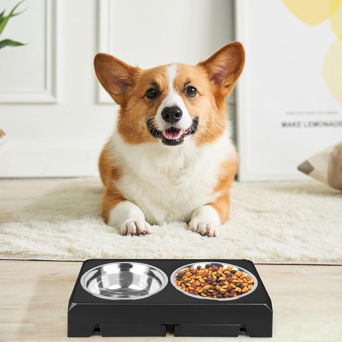 Підвищена годівниця для собак та котів з нержавіючої сталі, 2x1.8L, регульована висота, антиковзаюча, 44x24x8 см, чорна