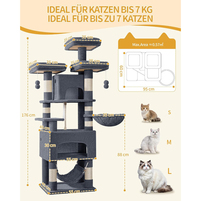 Кігтеточка для котів Hzuaneri 176 см, XL, 3 платформи, 2 печери, 7 стовпчиків, гамак, плюшеві кульки, для багатокотових сімей, темно-сірий MS17618SG