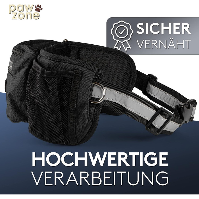 PAWZONE Сумка для корму для собак - Поясна сумка для ласощів для собак - Аксесуар для собак - Сумка для ласощів для собак - З відбиваючим шнуром та додатковим ремінцем для FlexiLeine (Чорний)