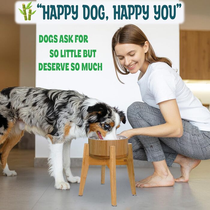 Підвищений годівниця для собак з бамбука – комплект: миска, сталевий вкладиш, підставка – для великих собак – запобігає перекиданню – висота 35 см, діаметр 20 см