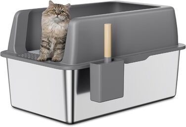 XL металева котяча туалетна з нержавіючої сталі Zarler з кришкою, 20,3 см глибини, сіра, антипригарне покриття, легка у догляді, для великих котів з високим бортиком