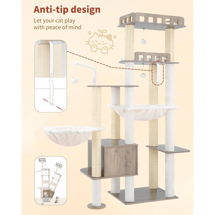 Дерев'яний когтеточка Heybly Kratzbaum 179 см з будиночком та гамаком, HCT121WB (Вінтаж-Сірий)