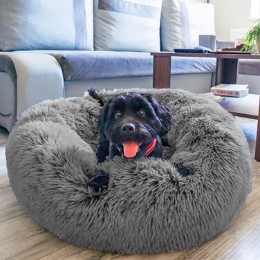 М'яке ліжко для собак знімний чохол 65 см - Ручна робота, пухнасте ліжко для собак, подушка для собак пухнаста, ліжко для котів, машинне прання - Кругле ліжко для котів сірого кольору 65 см сірого кольору