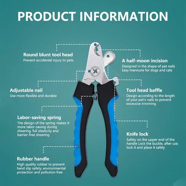Набір для стрижки нігтів для собак та котів Jisong, з захистом від надмірного стриження, гостра клинка, блокування, безкоштовна пилка, великий розмір, професійні інструменти для грумінгу. Синій / Чорний