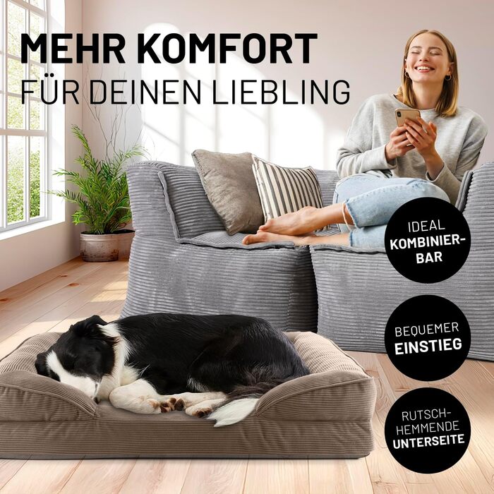 Ортопедичне ліжко для собак Lumaland з корду | Ергономічне собаче ліжко-софа 90x65 см - для середніх собак | Нековзне дно | Зручна вантажність та знімний чохол | Собаче ліжко-корзинка з Memory Foam Cord - Світло-коричневий 90 x 65 см - M