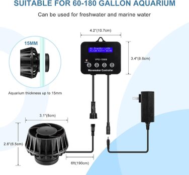 JEREPET 3400 GPH Вейвмейкер для акваріума з контролером, DC 24V, 18 Вт, магнітне кріплення, LED-дисплей