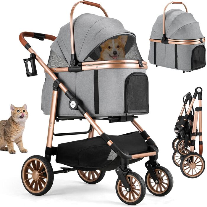 Візок для собак MAMIZO 4-в-1, до 25 кг, з амортизаторами, складний, для котів та собак (сірий)
