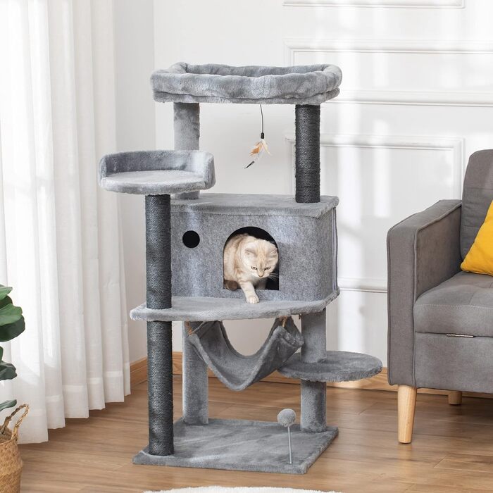 Дряпка для котів PawHut 48x48x107 см, котячий будиночок із фетру, гамак, плюшеві лежаки, платформи, сизалеві стовпи, іграшка, сірий
