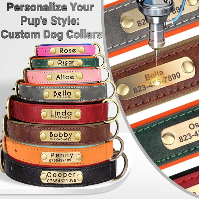 Нашийник та поводок для собак, шкіряний, персоналізований, м'який, з міцним нашийником та індивідуальною табличкою, регульований (M, верблюжий, комплект (S:Neck 23-32cm, Width 1.5cm, помаранчевий та блакитний))