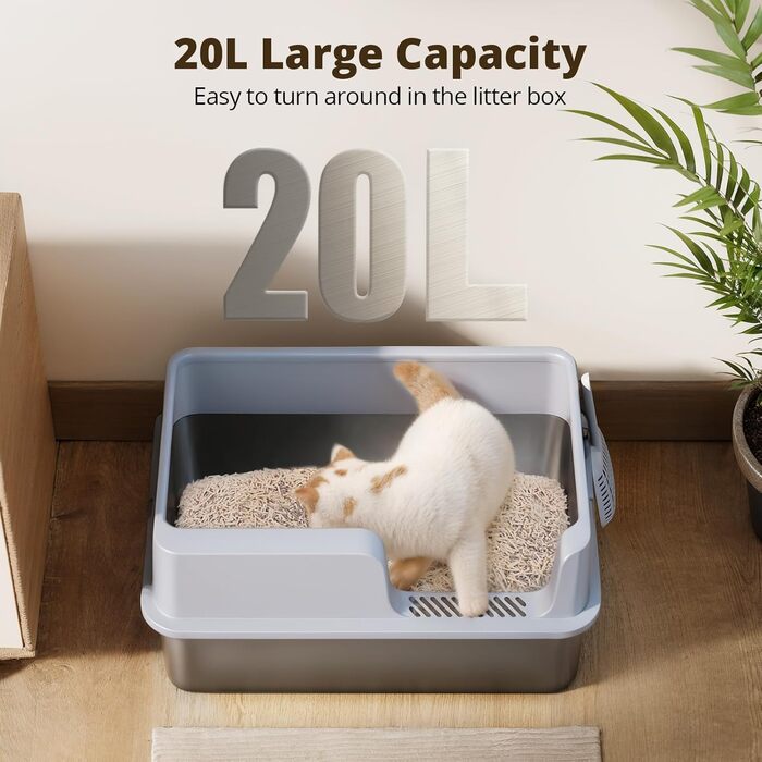 Лоток для котів PawGiant XXL з нержавіючої сталі, високий бортик, металевий туалет для великих котів, не прилипає, без запаху, герметичний, зі совком