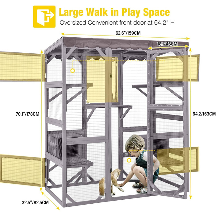 Дім для котів з дерева для вулиці та дому, велике котяче огородження на колесах, Catio-кафес з посиленими дерев'яними смугами, водонепроникним дахом (Тип D, Тип B-середній)