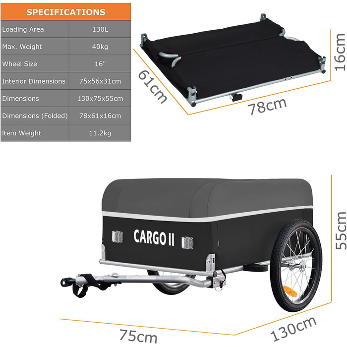 Tiggo Cargo II: вантажний велопричіп з об'ємом 130 літрів, складний, для перевезення вантажів, зелений (сірий)