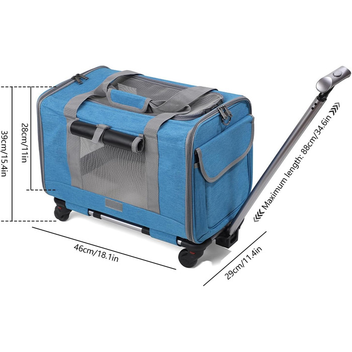 Транспортна сумка на колесах для котів та собак, переноска з телескопічною ручкою та знімними колесами, складана переноска для тварин з тролем (Блакитна)