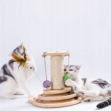 Інтерактивна дерев'яна іграшка-драбалка для котів з м'ячиком