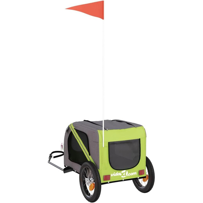 Причіп для собак vidaXL, причіп-перевозник для собак з відбивачами та прапором, вантажопідйомність 45 кг, матеріал: Оксфорд, колір: зелений, розмір: 125 x 63 x 66 см