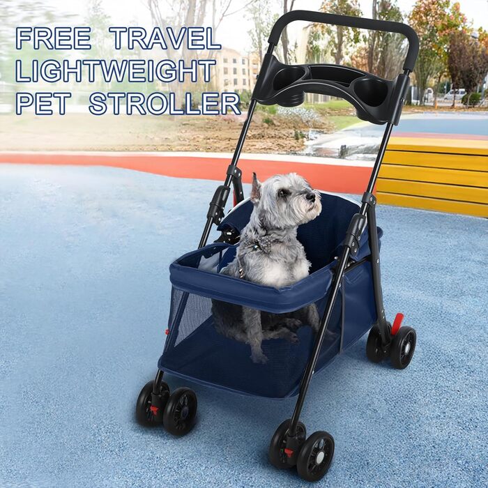 Дитяча коляска для домашніх тварин на 4 колесах для собак та котів, складана, з тримачем для напоїв, дихаючим сітковим вікном, портативна переноска для тварин (Блакитна)