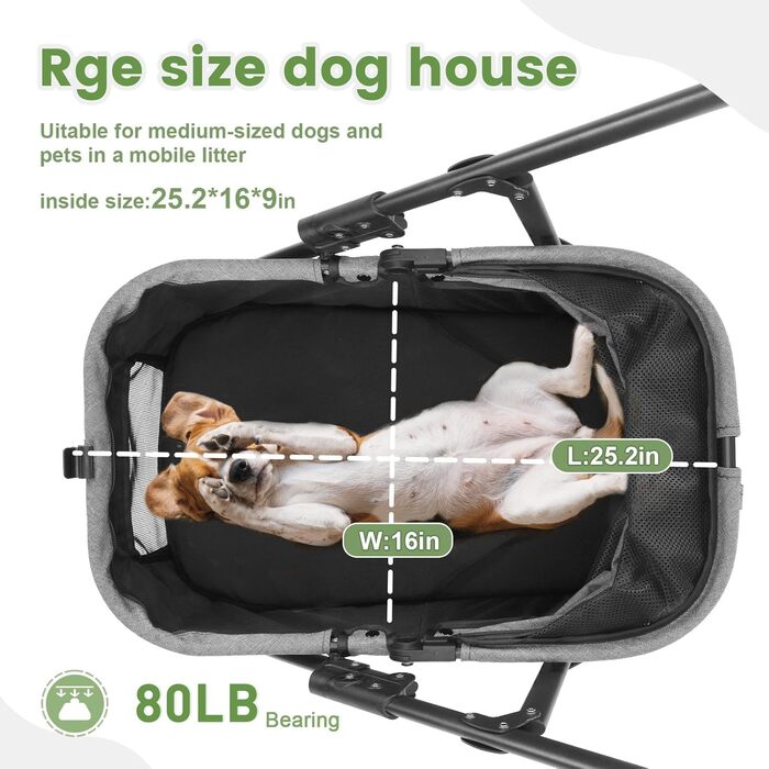 Дитяча коляска для собак з 4 колесами, складна, з регульованою ручкою, подвійна місткість, вагон-візок для собак, з передньою дверцею, для маленьких (Блакитно-зелений) (Темно-сірий)