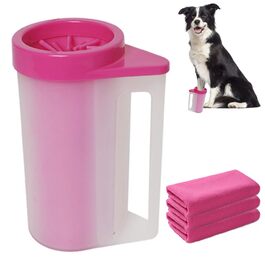 Очисник лап для собак: видаляє бруд та сміття. Комплект з рушниками, силіконовий, портативний. Рожевий, L.