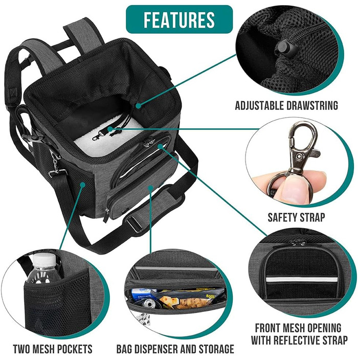 PetAmi Корзина для собак на велосипед, м'яка, з вентиляцією, рюкзак-переноска для собак, корзина на кермо велосипеда, для цуценят, котів, маленьких та середніх собак, автокрісло з ременем безпеки (сірий) (темно-сірий)