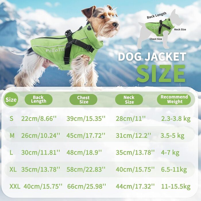 Водонепроникний теплий зимовий одяг для собак - куртка-комбінезон для маленьких собак, з отвором для повідка, відбиваючий, зелений