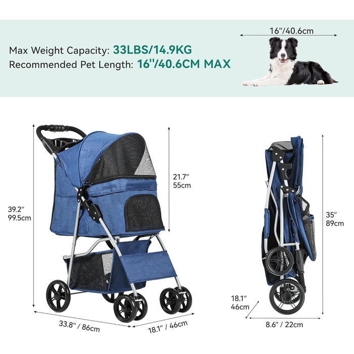 Візок для собак YITAHOME, блакитний, середніх порід, з кошиком для зберігання та тримачем для напоїв, складаний