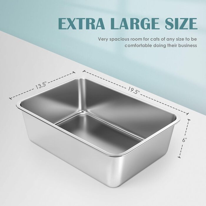Великий лоток для котів і кроликів IKITCHEN з нержавіючої сталі 50×35×15 см, металевий туалет для тварин, без запаху, не залишає плям, антипригарна гладка поверхня, не ковзає, гумове дно