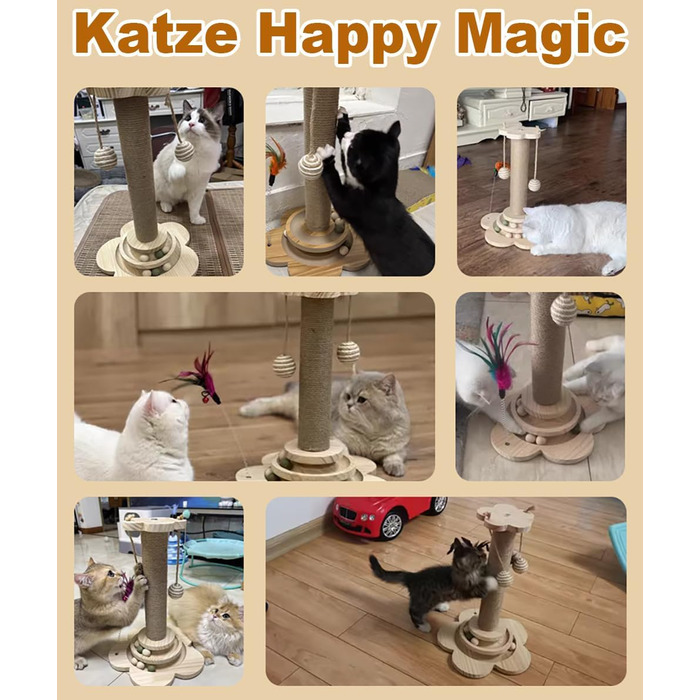 Іграшка для котів Accmuzzy 4 в 1: дерев'яна, з сизалевим мотузком, когтеточка з підвісними м'ячиками та котячою м'ятою (29 x 46 см)