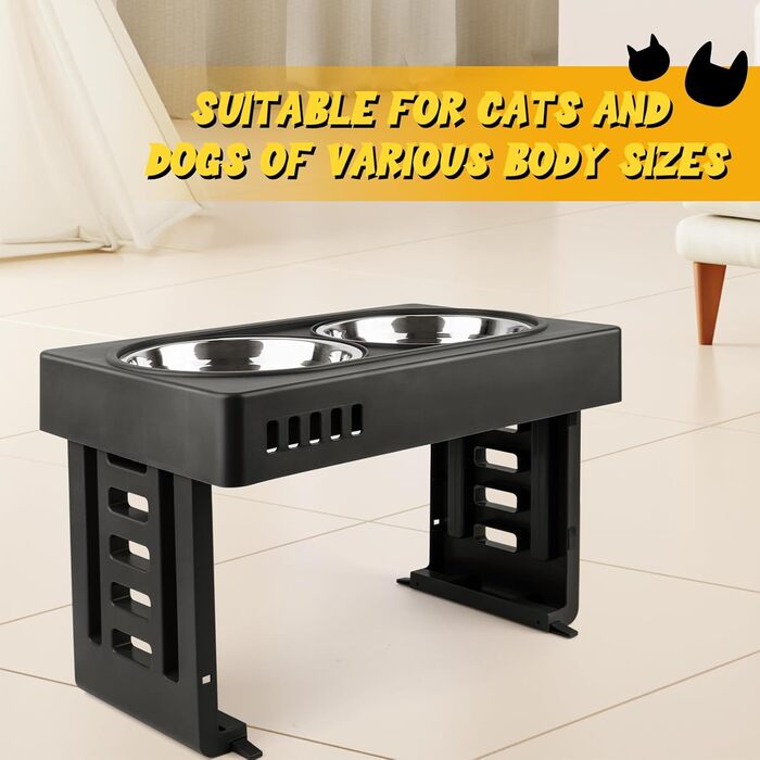 Підвищений годівниця для собак та котів 2-в-1, 4 регульовані висоти, підставка Anti-Slip з нержавіючою чашею, чорний (44 x 27,5 x 7 см)