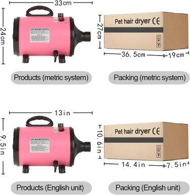 Фен для собак, 2800W, тихий, регульована швидкість та температура, 4 насадки (рожевий)
