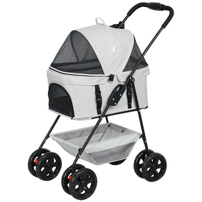 Складна коробка для собак PawHut 3 в 1 Dog Buggy Foldable Dog Box, складна транспортна сумка з підстаканником, Dog Buggy, Котяча коляска з колесами 360° Cat Buggy для міні собак до 4 кг, світло-сірий | Аосом