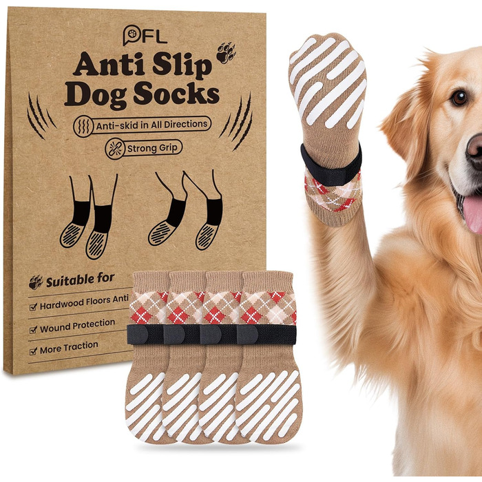 Шкарпетки для собак PICK FOR LIFE 4 шт. Захист лап, антиковзаючі, з клямками для твердих дерев'яних підлог, для маленьких, середніх та великих собак XL, коричневі