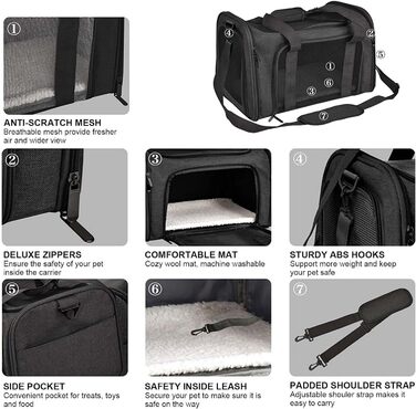 М'яка переноска для котів та собак, складана переноска для кота з дихаючою сіткою, оксфордська тканина зі шлейкою для маленьких собак, котів та кроликів (Чорний)