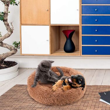 Круглий лежак для собак і котів, коричневий, 80 см. Знімний м'який плюшевий кошик з водонепроникним дном. Підходить для собак і котів.