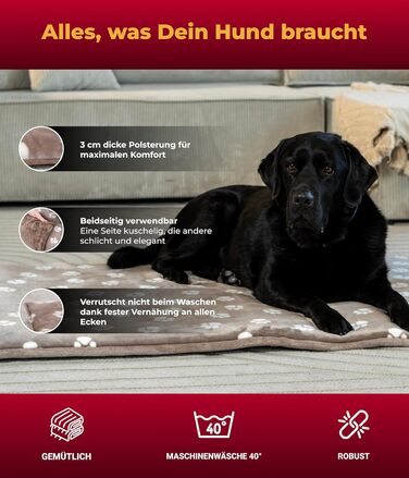 Лежак для собак HS-Hundebett® L 75x115 см, двосторонній, м'який, 3 см наповнювач, для дивана, авто та будки, колір бежевий з лапками, зроблено в Німеччині