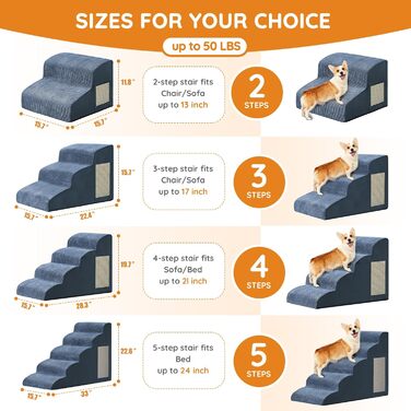 Сходинки для собак до ліжка, дивану: 4 сходинки, протиковзкі, для маленьких собак, з високощільним пінополіуретаном, портативні, (фліс, темно-синій)