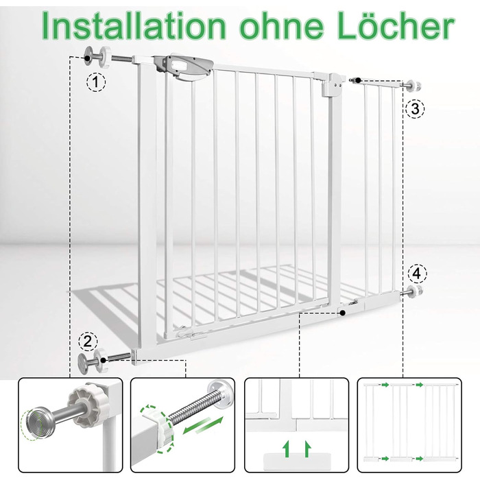 Захист для сходів та дверей: сітка-бар'єр без свердління, 105-115 см. Ідеально для собак та дітей. Біла сітка-бар'єр з подвійним замком, автозакриттям, відкриванням однією рукою та фіксацією 90°.