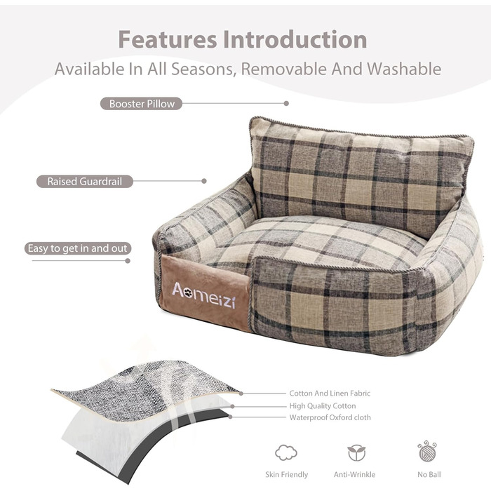 Ортопедичне ліжко для собак середніх та великих порід PETCUTE з знімним та миючим чохлом, антиковзаюче дно, м'яке диван-ліжко, сірий колір, з підголівником