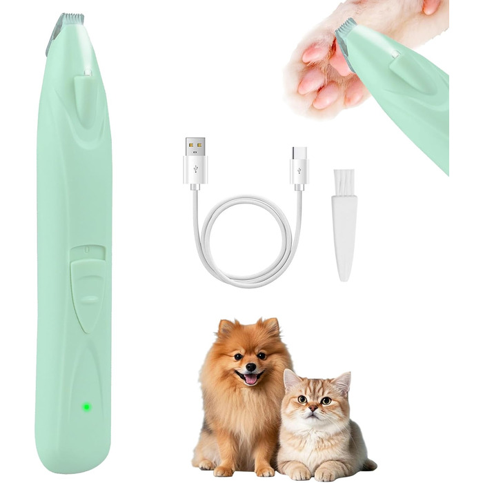 Бездротовий триммер для лап тварин, тиха машинка для собак з LED-підсвіткою, перезаряджувана для собак, котів, лап, очей, вух, обличчя, тіла, зелений