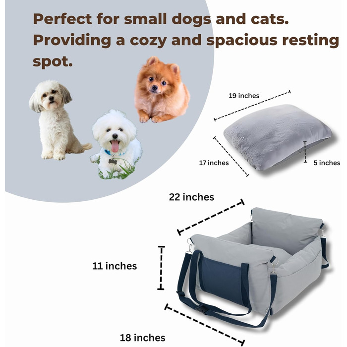 Автокрісло для собак - переноска для маленьких собак до 11,3 кг, водовідштовхувальне, з ременем безпеки, сірого кольору