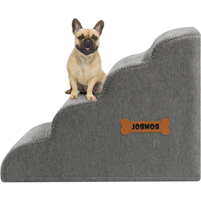 Сходинки для собак та котів ROMROL – 4 сходинки, сірі, з антиковзким покриттям, з м'яким Memory Foam, для захисту суглобів, знімний чохол