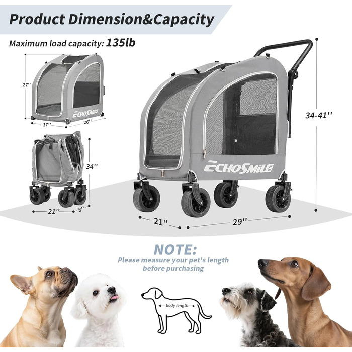 Візок для собак EchoSmile для маленьких та середніх собак до 20 кг, для бездоріжжя, складаний, з подвійними гальмами, ременями безпеки та сітковими віконцями, сірий