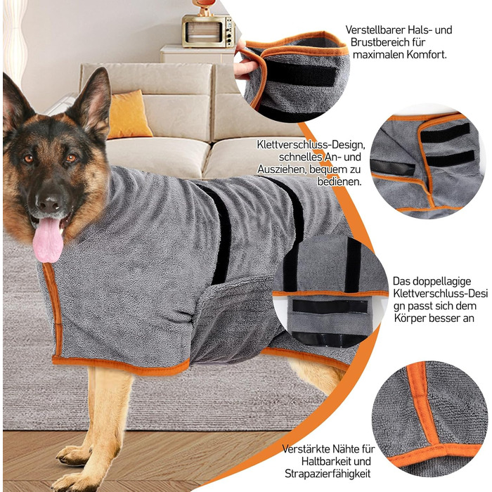 Рушник для собак великих порід, халат для собак, з застібкою на липучці, швидко вбирає воду, розмір L