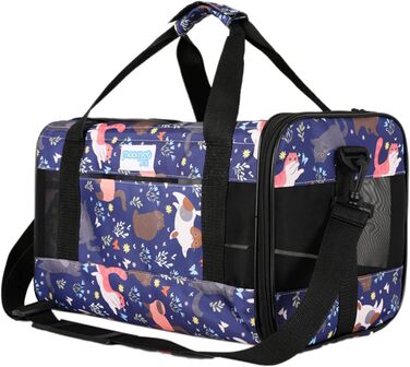 PETCUTE Транспортна сумка для котів та собак, складана, з плечовим ременем, схвалена авіакомпаніями, дихаюча, знімний килимок, M, Marineblau (Морський блакитний)